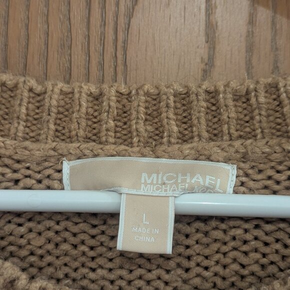 Michael Kors Poncho Sweater Tan/Gold Wool Blend with Gold Tone Logo Accents- L - Picture 3 of 6